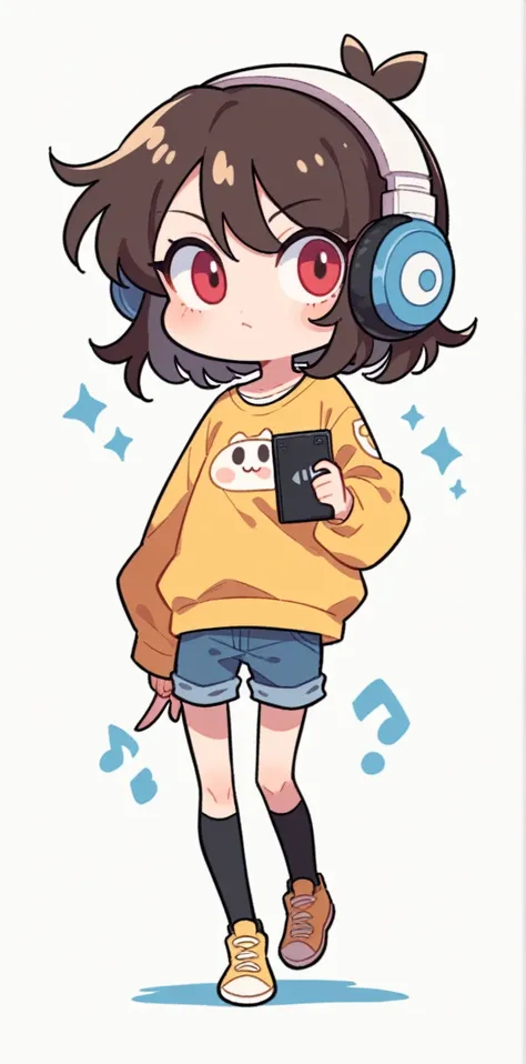 cartoon girl with headphones and a tablet pointing at something, full body!, in an anime style, full_body!!, ecchi anime style, with headphones, with head phones, chibi style, cel shaded!!!, unknown artstyle, thicc, jaidenanimations, chibi, anime moe artst...