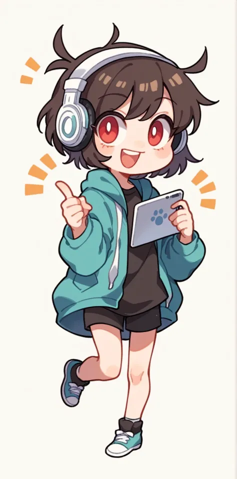 cartoon girl with headphones and a tablet pointing at something, full body!, in an anime style, full_body!!, ecchi anime style, with headphones, with head phones, chibi style, cel shaded!!!, unknown artstyle, thicc, jaidenanimations, chibi, anime moe artst...