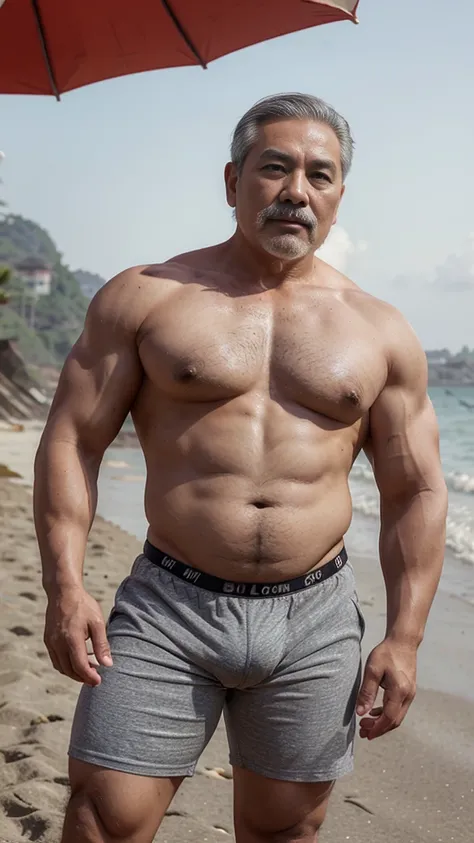 Vietnamese grandfather with gray hair, mature face, a thick gray mustache, a short gray chin beard, bear body, wearing a massive bulging gray jockstrap stand in the beach, have belly, big muscular chest, a sexy pose, show underwear.