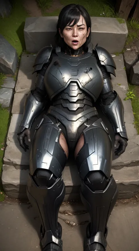 ((lie face up on the ground))((Full Body Shot))Middle-aged women　Sweaty face、Black Weight Robot Suit、full black armor, Black Hair、Heavy Cyborg、Sweaty face、、Spread your legs、((Heavily damaged armor))、Open your mouth、、((Drooling from the mouth..)) Sexy Eyes　...