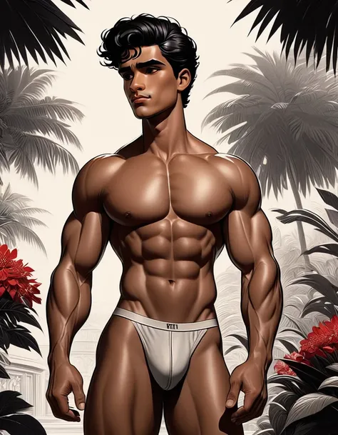  In leng jun art style front view fullbody, 

1man, shirtless, pantless, standing white thongs, barefoot, standing grabbing a red book

An fullbody portrait, 

view from aside behind |ultradetailed color pensil drawing, ((low angle view, storbe lighting,be...