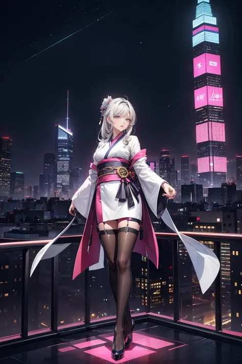 A futuristic cityscape at night with towering skyscrapers illuminated by neon lights. In the foreground, a young woman with long, flowing silver hair stands confidently on the edge of a skyscraper rooftop. She is dressed in a modernized pink kimono with in...