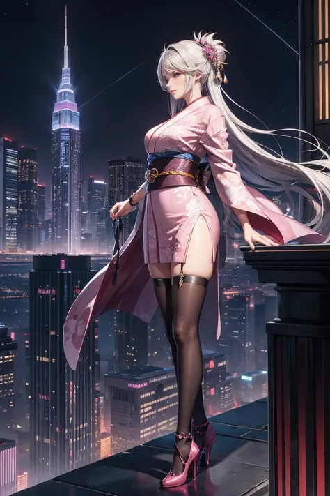 A futuristic cityscape at night with towering skyscrapers illuminated by neon lights. In the foreground, a young woman with long, flowing silver hair stands confidently on the edge of a skyscraper rooftop. She is dressed in a modernized pink kimono with in...