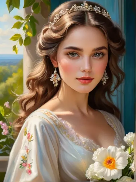 woman with oval face, dark brown wavy hair, wearing a white tunic with delicate iridescent tones, walking in a beautiful flower garden

medium: oil painting
beautiful detailed eyes, beautiful detailed lips, extremely detailed eyes and face, long eyelashes
...