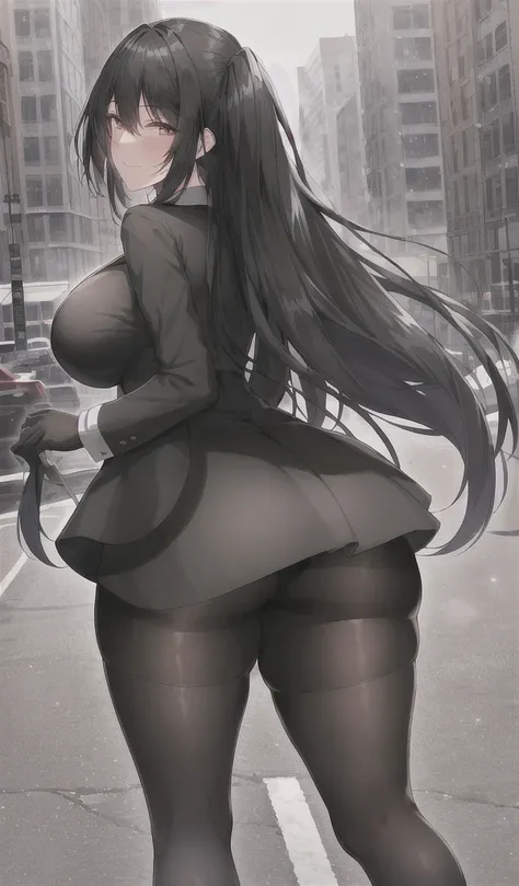 best quality, (black hair), 1girl, smile, outdoors, from behind, dark, sky, (sidelocks), city, looking at viewer, corneo_kaori_, pantyhose, Big breasts, big thighs, fleshy, 