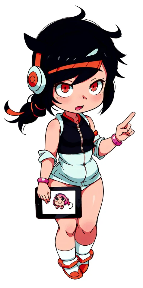 cartoon girl with headphones and a tablet pointing at something, full body!, in an anime style, full_body!!, ecchi anime style, with headphones, with head phones, chibi style, cel shaded!!!, unknown artstyle, thicc, jaidenanimations, chibi, anime moe artst...