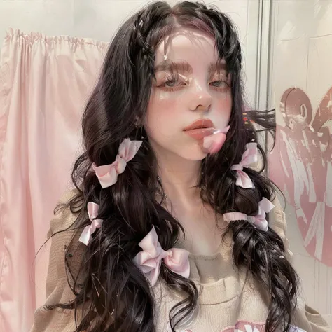 there is a woman with long hair and a white dress, wearing a pink hair bow, ribbon in her hair, pigtails hairstyle, with long curly hair, giant pink curls, beautiful dolphin, Anna Nikonova aka Newmilky, using hair bow, cute aesthetic with flutter, with lon...