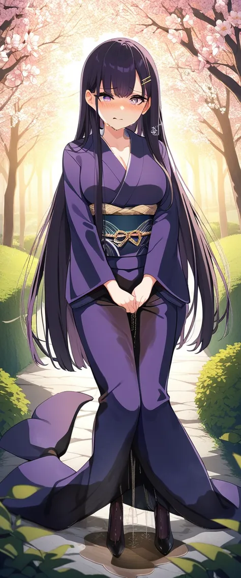 (masterpiece:1.37), best quality, (extremely detailed:1.37), (1girl:1.5), woman, (mature:1.5), (adult:1.5), large breasts, very long hair, (straight hair:1.5), (very dark purple hair:1.5), purple eyes, (extremely detailed eyes:1.37), (furisode:2.0), desper...