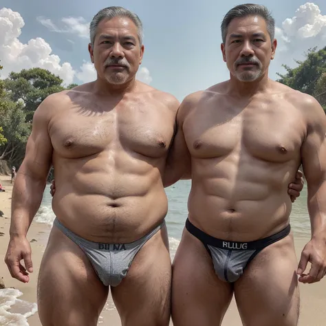 Vietnamese grandfather with gray hair, mature face, a thick gray mustache, a short gray chin beard, bear body, wearing a massive bulging gray jockstrap stand in the beach, have belly, big muscular chest, a sexy pose, show underwear.