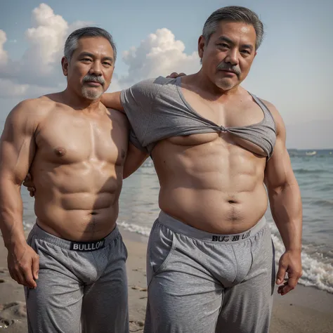 Vietnamese grandfather with gray hair, mature face, a thick gray mustache, a short gray chin beard, bear body, wearing a massive bulging gray jockstrap stand in the beach, have belly, big muscular chest, a sexy pose, show underwear.