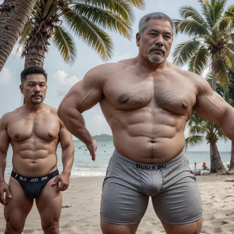 Vietnamese grandfather with gray hair, mature face, a thick gray mustache, a short gray chin beard, bear body, wearing a massive bulging gray jockstrap stand in the beach, have belly, big muscular chest, a sexy pose, show underwear.