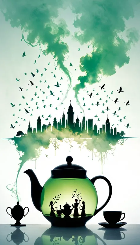 in style of Harry Bertoia,(in style of by Liu Ye:0.9),
(double exposure:1.4),white porcelain teapot,chessboard,a wisp of green smoke,(minimalist style:1.6),futuristic urban silhouette,(pure white background:1.4),(teapot solo focus:1.6),(stick figures combi...