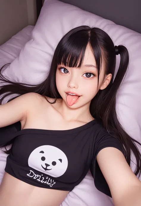 pastel colors colors t-shirt,off-shoulder look,bare shoulder,ollarbone,midriff peek,hot pants,(open mouth:1.5),(tongue out:2),lying,Selfie,overhead shot,front view,upper body,(1girl,Beautiful 14 year old girl),((Slender,Small breasts,Small face,)),(looking...