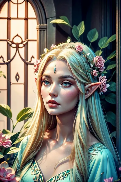 a elven queen with flowers in her hair and dress in an elegant elven dress, ethereal ageless but older than 20 looking, wearing ...