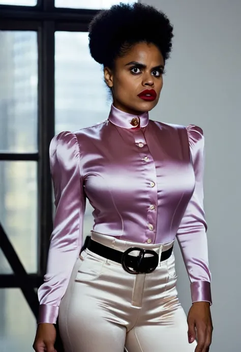 closeup shot, (muscular evil angry zazie beetz showing closed teeth with flared nostrils and furrowed brows:1.5) in a (closed satin skintight buttondown band collar blouse with large shoulder-pads and extremely tight belt:1.6), tight hairbun, silk gloves, ...