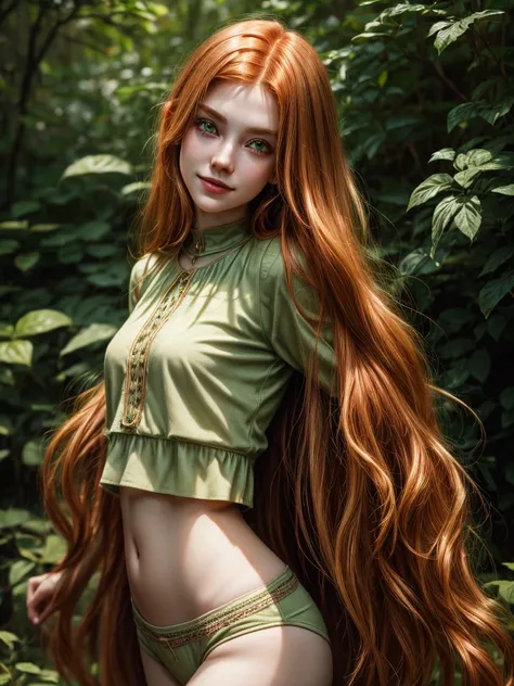 Masterpiece, 1 girl, fantasy, wood elf, ginger hair, perfect face, green eyes, playful smile, perfect body, midriff