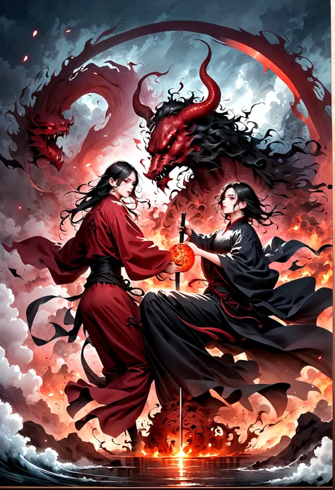 A painting，The painting shows a man holding a sword and a demon, Beautiful Shinigami, Morbacher, Inspired by Shunkosai Hokushu, in the art style of Morbacher, Ashura，From Chinese mythology, God of Chaos, Inspired by Ryūkōsai Jokei, in style of peter more