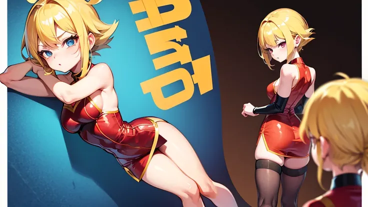 Draw a cute, blonde girl, who looks like 18 from Dragon Ball, put a very sensual red minidress on her, and who makes a suggestive pose, who is around 18 years old, standing in the center of the image in 16:9 format, from the back