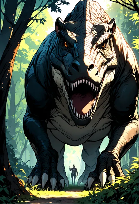 A tyrannosaurus dinosaur lurking in the forest