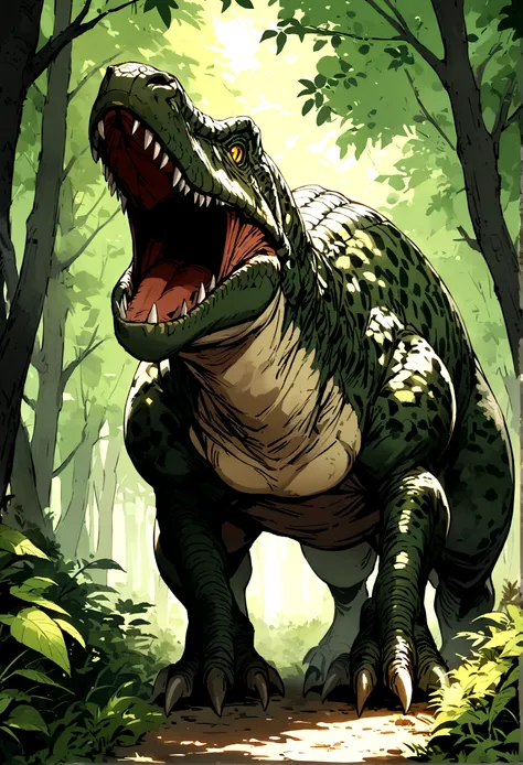 A tyrannosaurus dinosaur lurking in the forest