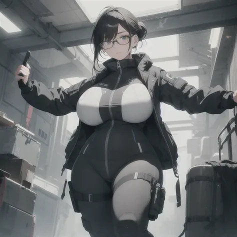 Absurd resolution,high resolution,(masterpiece: 1.4),hyper-detail,fullbody shot,head to toe,full frontal camera perspective,solo,shorter,standing,glasses,kemono feline cat futanari,no skin other than neck and head shown,watertight environmental suit,black ...