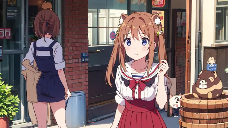 Girl with short dress and long stockings on Akihabara street. Tanuki blushes on her cheeks.  