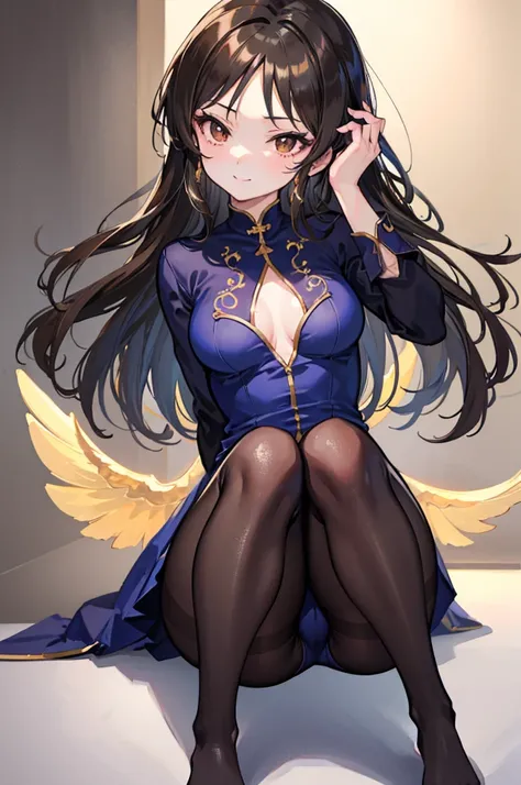 Highest quality　Highest quality　Draw a face carefully　High-definition anime-style face　Super Glowing Skin　Long black hair　Brown leotard　Golden pantyhose　Succubus　lure　smile　squat　Show the soles of your feet　Close up of the soles of the feet