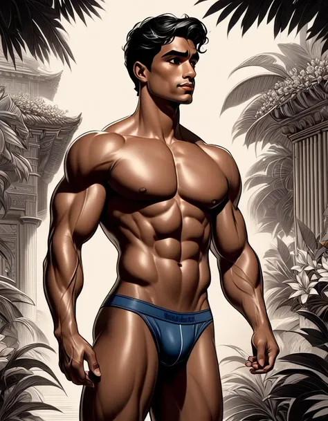  In leng jun art style front view fullbody, 

1man, shirtless, pantless, standing white thongs, barefoot, standing grabbing a red book

An fullbody portrait, 

view from aside behind |ultradetailed color pensil drawing, ((low angle view, storbe lighting,be...