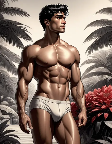  In leng jun art style front view fullbody, 

1man, shirtless, pantless, standing white thongs, barefoot, standing grabbing a red book

An fullbody portrait, 

view from aside behind |ultradetailed color pensil drawing, ((low angle view, storbe lighting,be...