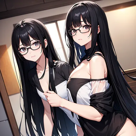 make a picture: a girl with straight black hair with bangs covering my forehead, the length of the hair went to my hips, white skin, big black and round shiny eyes,black rectangular glasses, a mole on the chin on the right side anime style