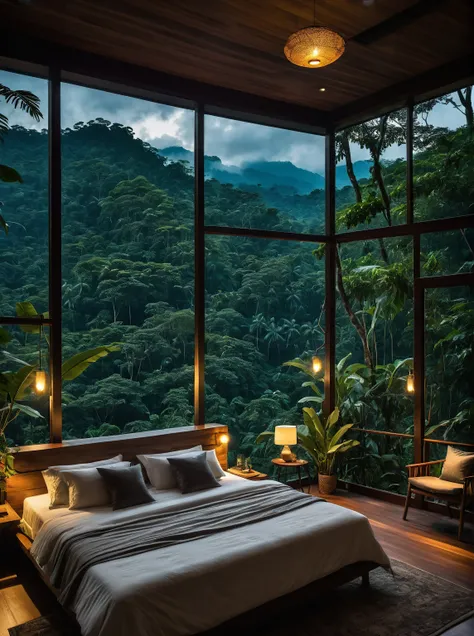 arafed bedroom with a large bed and a view of the jungle, large windows to forest at night, mountainous jungle setting, jungle setting, peaceful ambience, with backdrop of natural light, serene bedroom setting, floor - to - ceiling windows, lit in a dawn l...