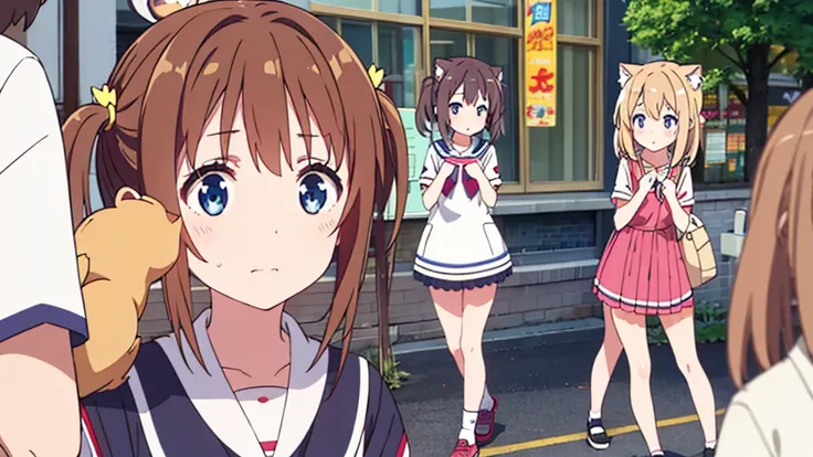 Nekomimi girl with short dress and long stockings on Akihabara street. Tanuki blushes on her cheeks.  