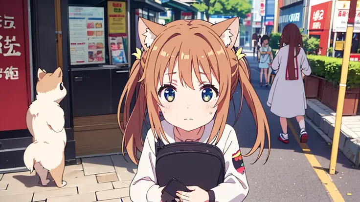 nekomimi girl with short dress and long stockings on akihabara street. tanuki blushes on her cheeks.