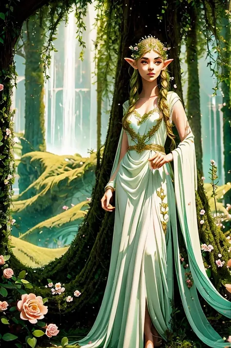 a elven queen with flowers in her hair and dress in an elegant elven dress, ethereal.