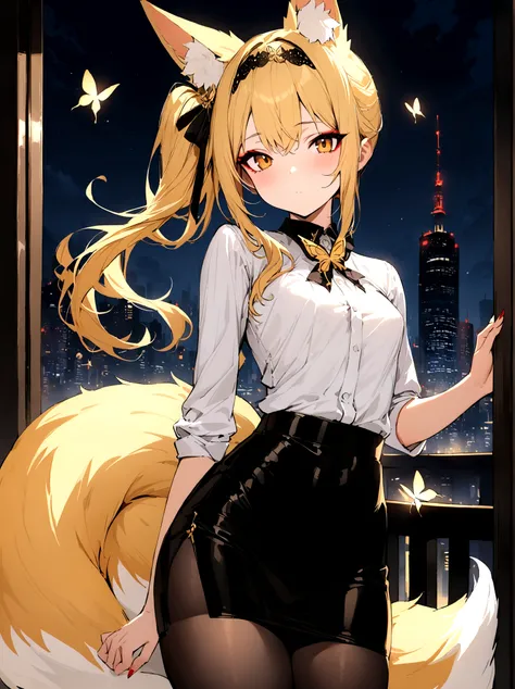 (masterpiece, best quality) junior,detailed, (beautiful,small breasts),Wearing black tights, blonde ,long hair, side ponytail(right_gold butterfly hairband), elegant, (fox ears),nine tailed fox tail, red eyeshadow, golden eyes, femur，漏出femur，white shirt, b...