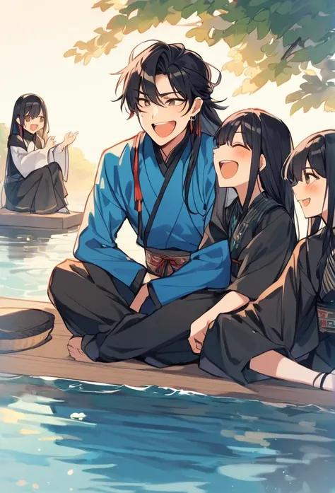 oriental man，sitting by the lake，One wearing blue clothes，One wearing black clothes，They all have long straight black hair，they are laughing。