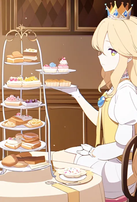 1girl, far view,Wearing a princess outfit, crown, sitting pose on a chair and table with some cakes and bread, blonde hair, blue and yellow heterochromia eyes,