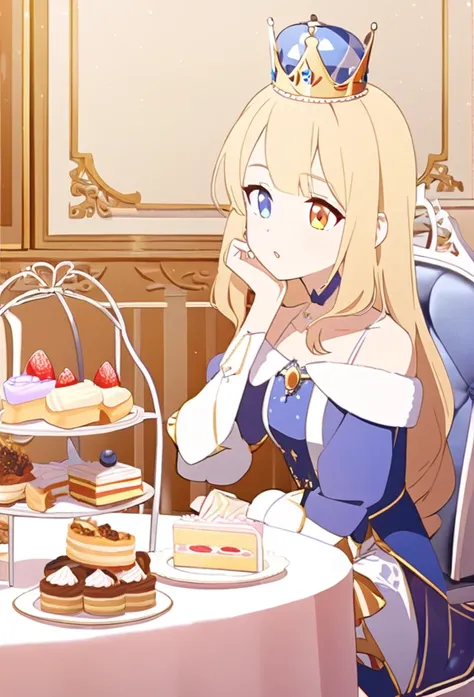 1girl, far view,Wearing a princess outfit, crown, sitting pose on a chair and table with some cakes and bread, blonde hair, blue and yellow heterochromia eyes,