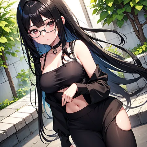 make a picture: one girl  with straight black hair with bangs covering my forehead, the length of the hair went to my hips, white skin, big black and round shiny eyes,black rectangular glasses, a mole on the chin on the right side anime style