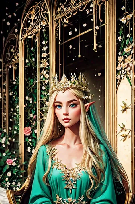 a elven queen with flowers in her hair and dress in an elegant elven dress, ethereal ageless but older than 20 looking, wearing ...