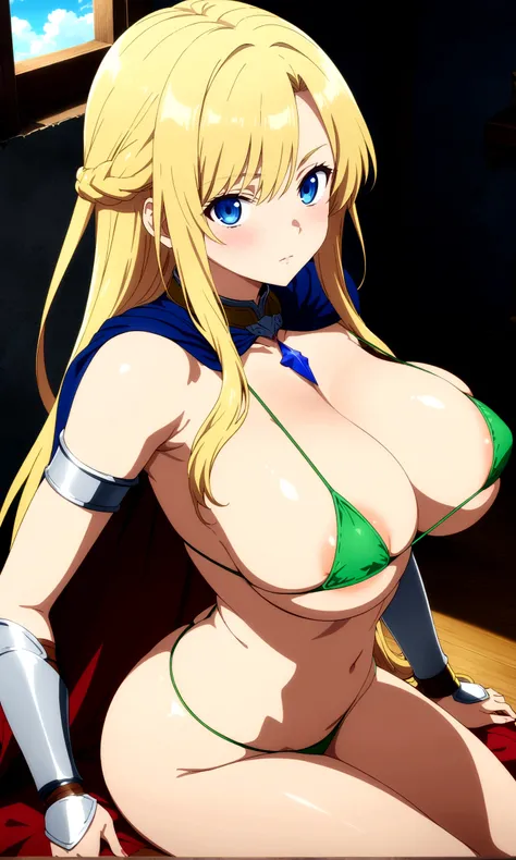 score_9, score_8_up, score_7_up,,BREAK source_anime,(from side,breast high view),,mediumshot,sitting,looking at viewer,selfie, 1girl, celes chere, final fantasy.blonde hair, blue eyes, (ultra micro bikini,green bikini),large breasts,cleavage,pointy breasts...