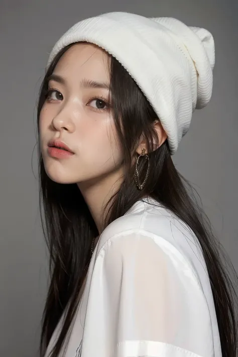 1girl, solo, long hair, black hair, written clothes, brown eyes, looking at the viewer, beanie, lips, upper body, closed mouth, shirt, earrings, https://i.postimg.cc/tCDfNDvp/Screenshot-20230606-212445.png