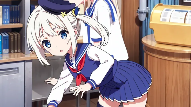 Extremely detailed great image quality 1 white-haired girl with ribbon decorations on her head, blue eyes at school navy blue miniskirt Women with white stockings at home