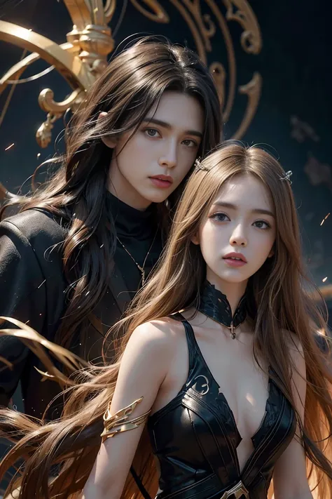 2 young female with dark hair, 1 handsome young male with wavy blond hair, fusion of sacred and secular images, shattered chains and fluid forms, symbols of life, death and continuity, contrasting textures of mechanical and organic elements, photorealistic...