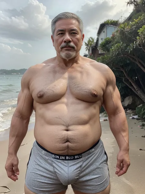 2 vietnamese grandfathers with gray hair, mature face, a thick mustache, a short chin beard, bear body, wearing a massive bulging gray jockstraps standing at the beach, have belly, big muscular chest, a sexy pose.