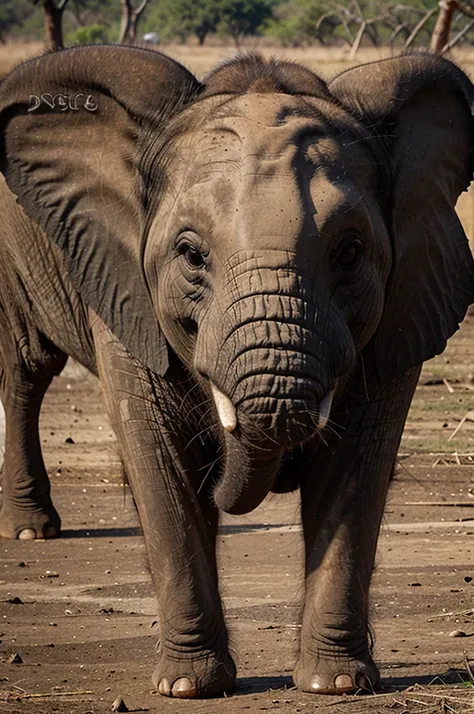 Create a picture of a baby elephant lost in the savannah