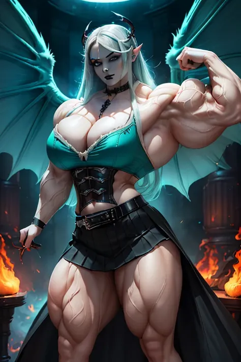 (((((Massive, beautiful, buff, pale white skinned muscular woman with demon wings, cyan hair, black lipstick, ginormous bulky muscles, behind fire and wearing a gothic blouse with beautiful gothic skirt))))), (close view), (massive muscles), (hyper muscle)...