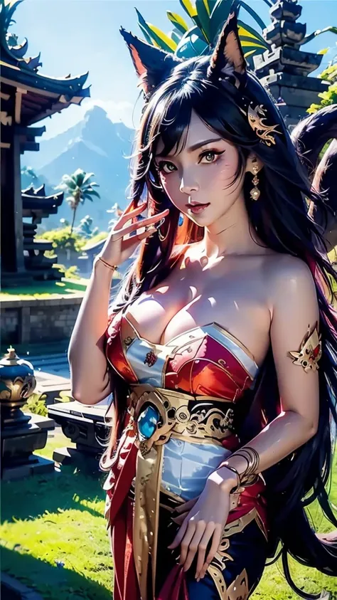 masterpiece, concept art, close up shot, ahri (league of legends), (nine taileds fox), kebaya_bali blue, cute, standing, (portrait), Bali temple background, epic composition, epic proportion, HD