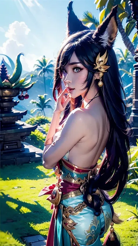 masterpiece, concept art, close up shot, ahri \(league of legends\), (nine taileds fox), kebaya_bali blue, cute, standing, (port...