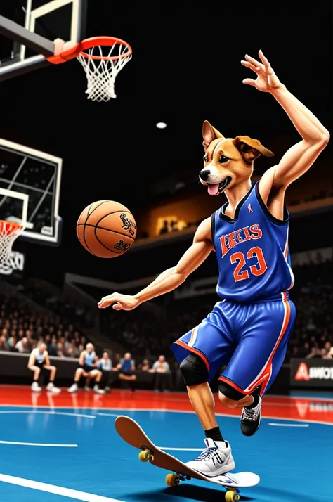 A little dog on a skateboard with a video game controller in his right hand while on a basketball court in an animated style 